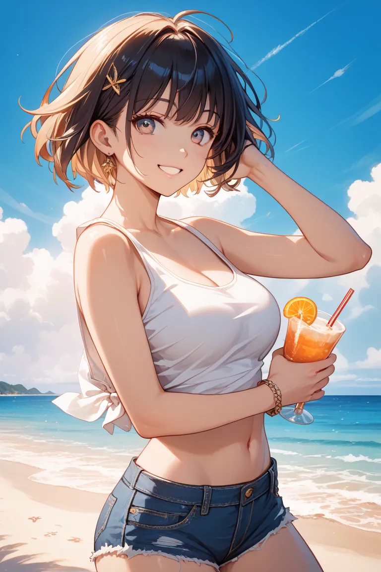 japanese woman, short hair, wearing white tunk top, short denim, at beach, cowboy shot, smile