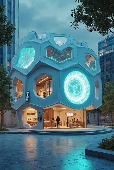 A futuristic coffee shop where the entire structure appears to be floating just above the ground, supported by hidden structural elements and optical illusions. The entrance is framed by a circular anti-gravity portal, glowing with pulsating cyan lights. F...