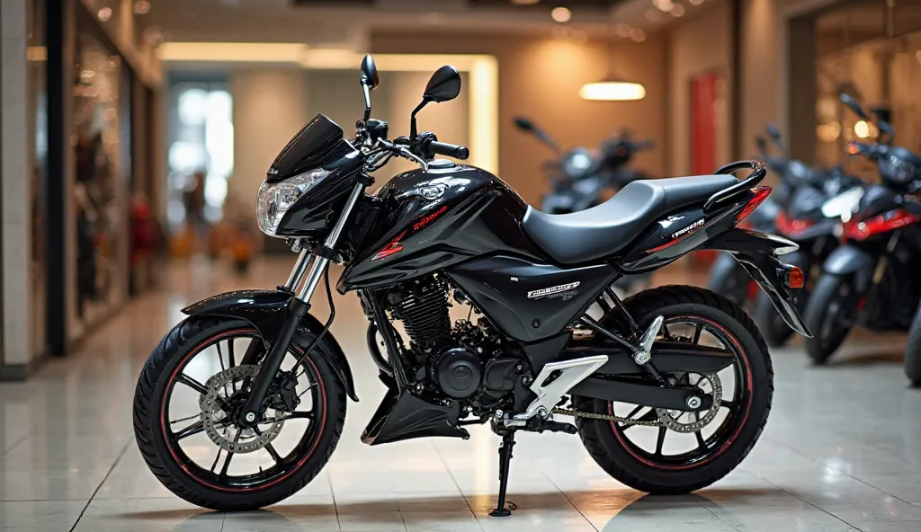 "A Hero Xtreme 125R motorcycle in black, positioned for a perfect side view in a luxury showroom. The sculpted fuel tank, sleek body panels, and dynamic alloy wheels are displayed in detail. The showroom has a modern, high-end atmosphere with polished floo...