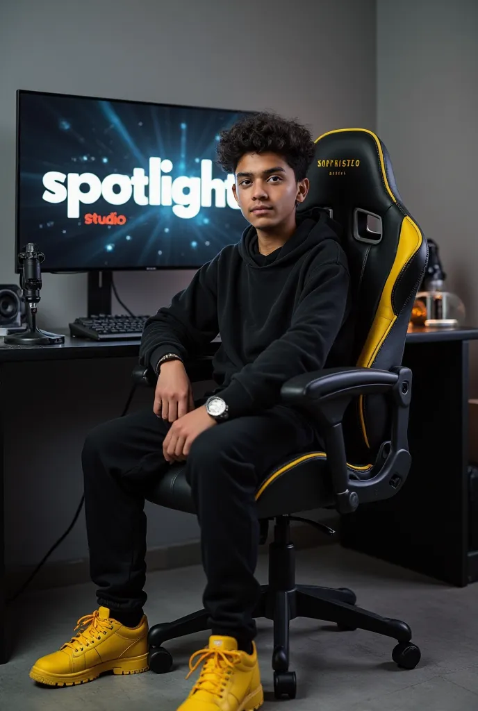 "a twenty years old beautiful pakistani boy, sits on a black gaming chair with yellow accent wearing modern black outfit with color matching shoes .behind him is a desk with computer monitor displaying the "spotlight studio" in large bold letters. the room...