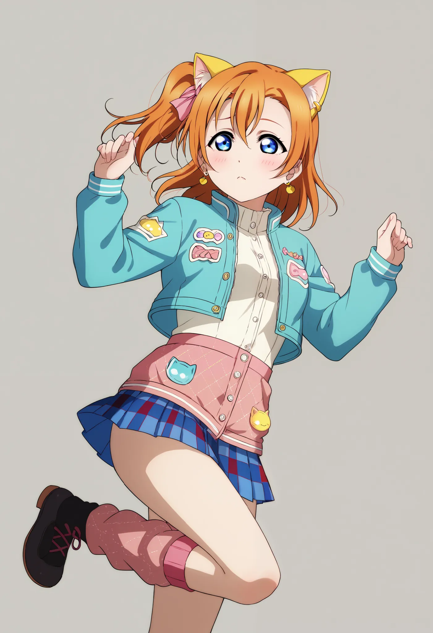 anime style, love live,kousaka honoka , love live, blue eyes, orange hair,earrings, (blushing) , standing on one leg, gentle expression. cat ears, hair ribbon (blue),cropped jacket (pink, quilted pattern), long sleeves, open jacket, white inner top,pleated...