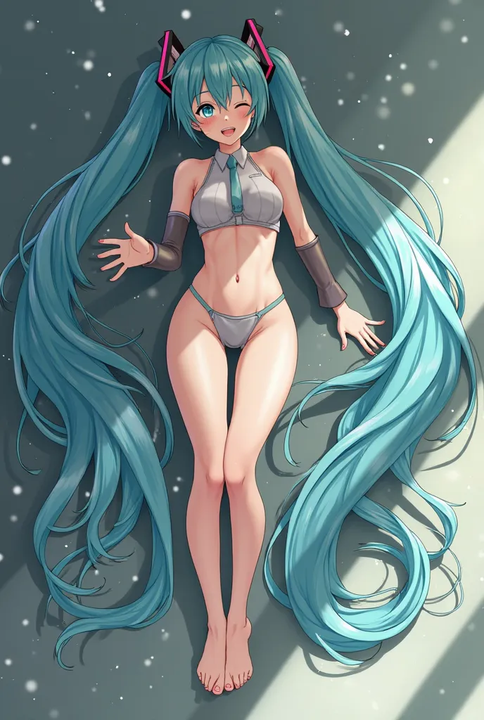 Make Hatsune miku, with Big , lying on your back, legs spread open, Unclothed, making an expression of sexual pleasure