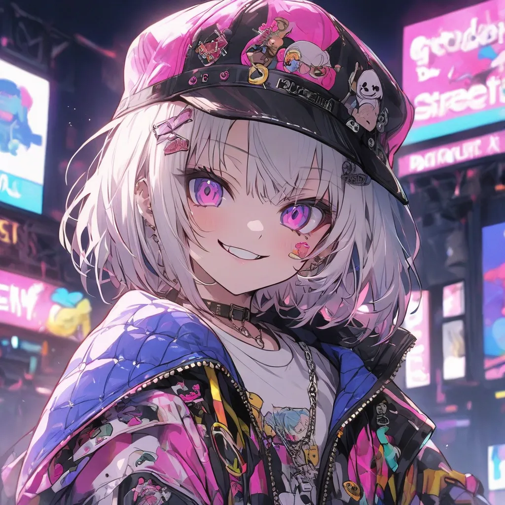 anime girl wearing a hat,  white hair, Neon pink and blue street background , scar,  stickers , smirking icon standing on the podium、 rapper、short bob、 Gold、