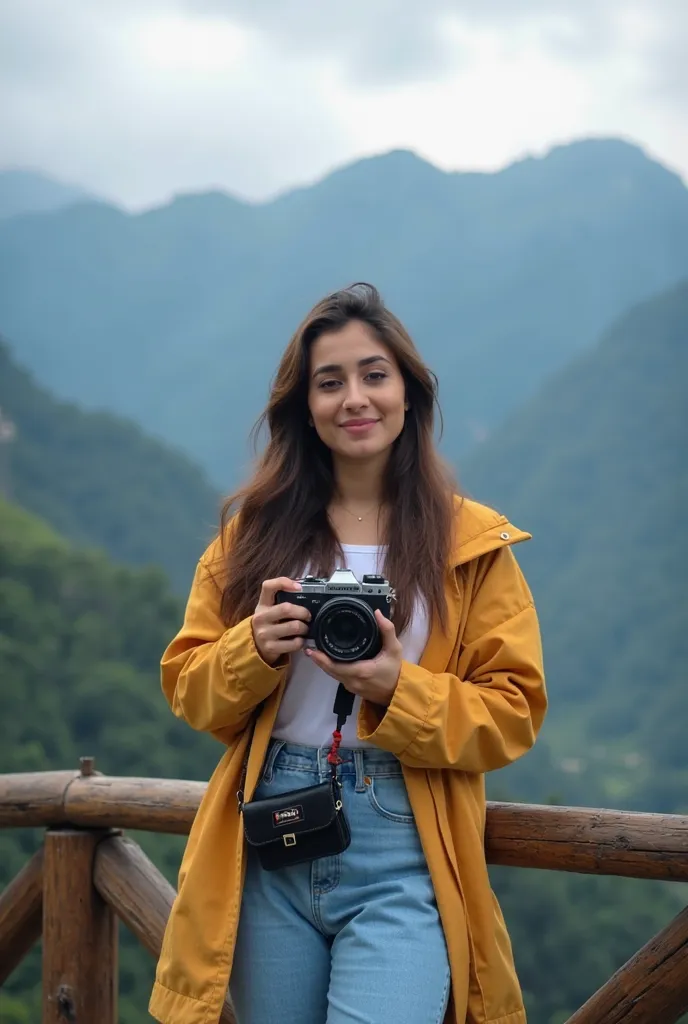 there is a woman standing on a railing with a camera, a picture inspired by Odhise Paskali, instagram, sumatraism, with mountains in the background, with mountains in background, in mountains, moutain in background, with mountains as background, hills in t...