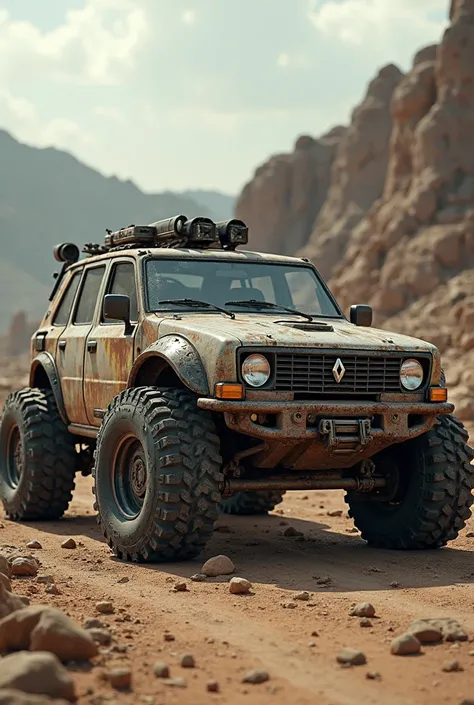 old blue Renault Logan car in armor and on big wheels