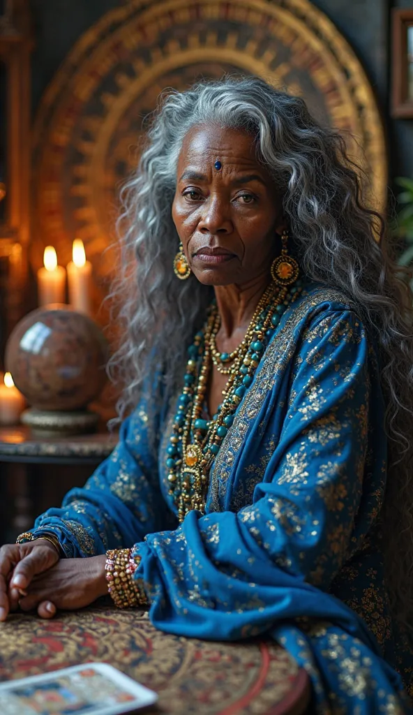 " A captivating depiction of a seer   , about 50 years old African grandma ,    exuding an air of mystery and wisdom   .    She has penetrating eyes that seem to see beyond the present   ,    framed by fine lines that add character to your face   . Your lo...