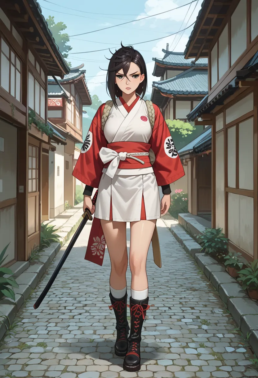 rape, Ayase Momo, 18 years old, young Japanese woman in samurai armor, white knee socks and heavy army boots, black hair, holding a katana, perfect details and gray eyes, walking in the old town, one girl, loud onomatopoeic speech, bright sunny morning, fu...