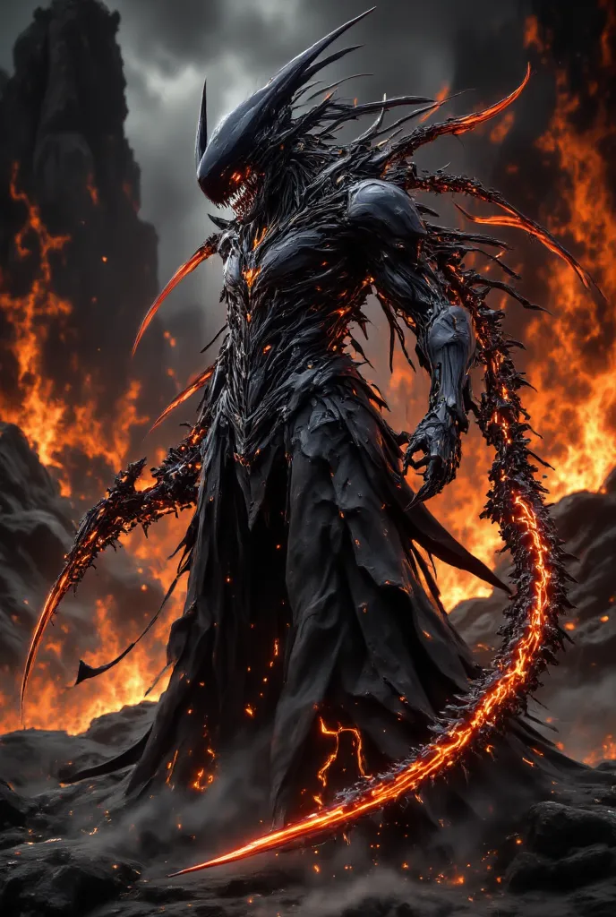 predator in an apocalyptic world dominated by fire and lava. He wears black armor with luminous details of magma in red and orange, like incandescent cracks in the suit. Its cover looks like smoke and fire, with burnt edges, rippling in a hot wind. The mas...