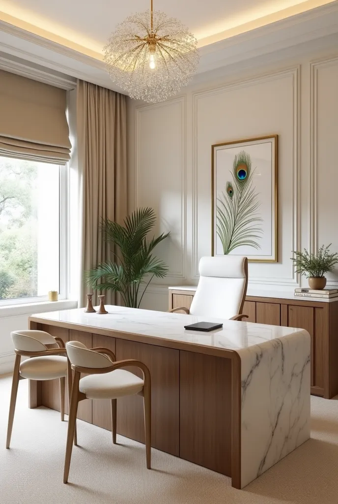 A modern and elegant office space with a neutral color palette of beige, white, and gold. The office features a sleek marble-topped desk with wooden panel accents, accompanied by a luxurious white office chair and two stylish guest chairs with soft upholst...