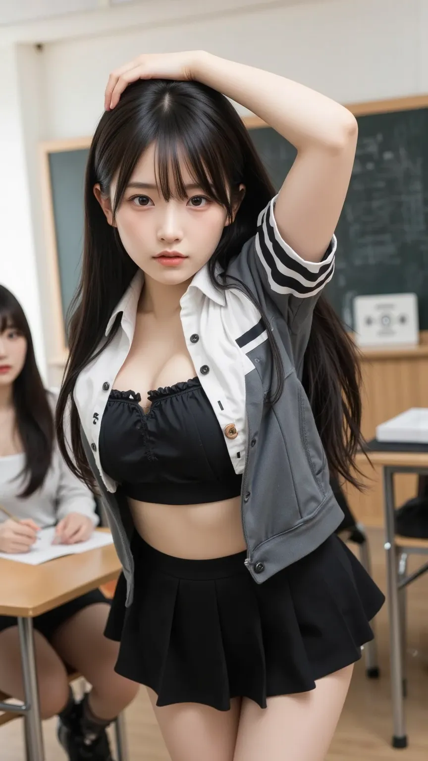 Masterpiece, Anatomically Correct, Accurate, High Details, 16k, thigh above body,  young 1girl, Black Hair, Large breasts, 35mm, F/2.8, Realism, ((sukumizu, pleated mini skirt with a sexy design, Random class room background, Random pose, Random hair style...