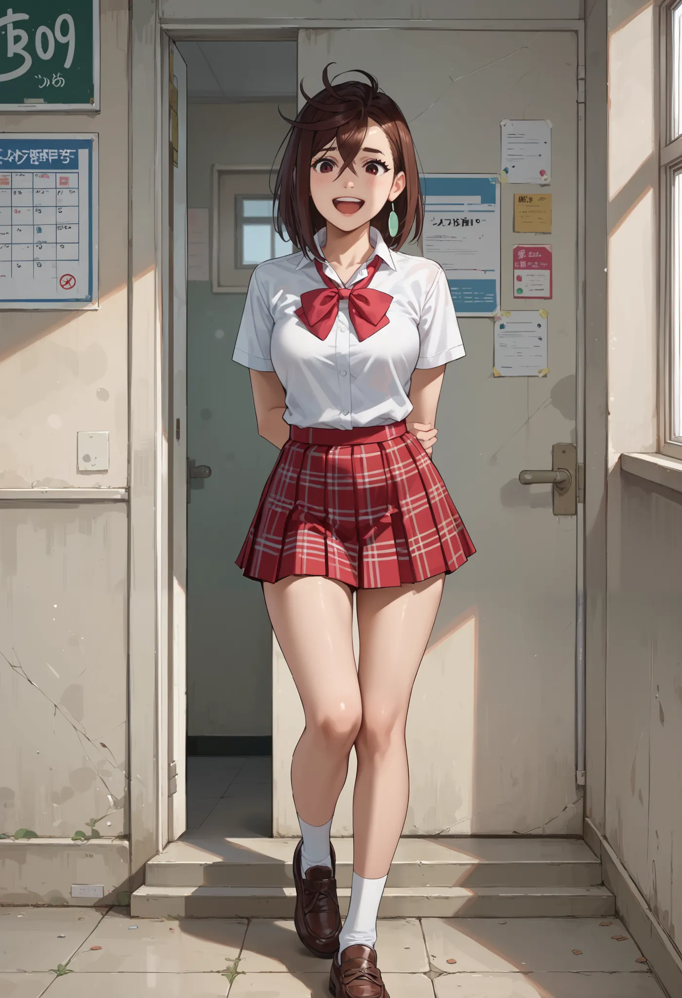 rape, Ayase Momo in school uniform standing in school yard, 18 years old, medium length hair, brown hair, happy and cheerful face, medium breasts, white short sleeve shirt and short plaid skirt, left leg knee-deep in plaster, standing leaning on crutches, ...