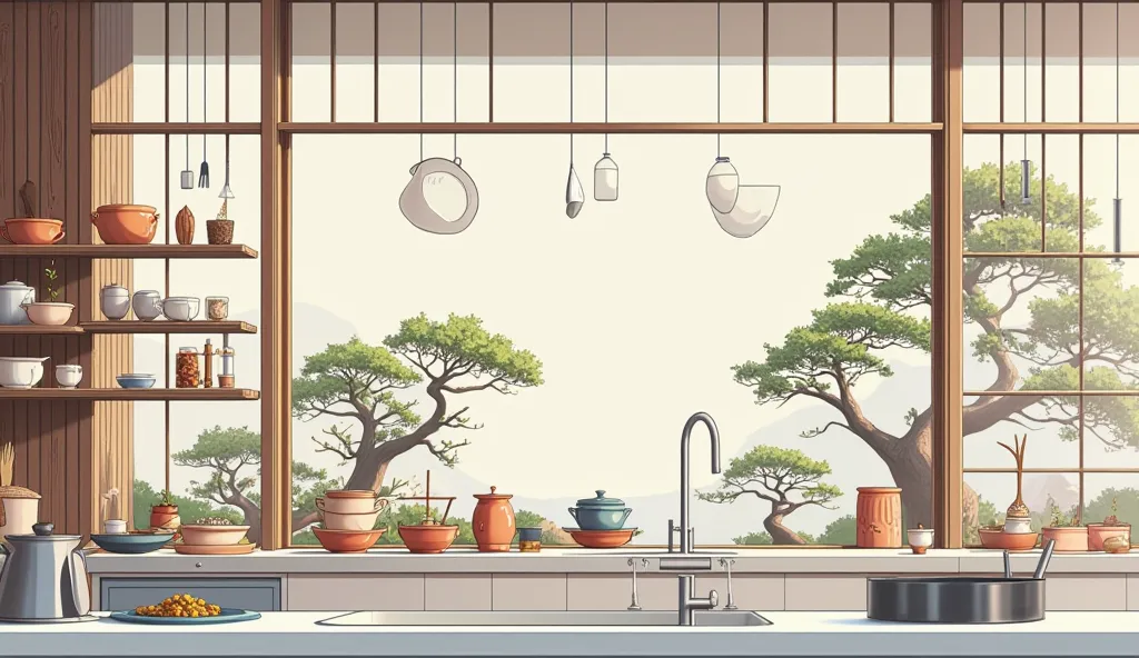 illustration in soft colors predominating  ,  minimalism of a kitchen with shelves with, tapperware, kitchen utensils, jars with dried fruits,  pans , dishwasher,   of different size and color windows glass walls to see the minimalist Japanese garden with ...