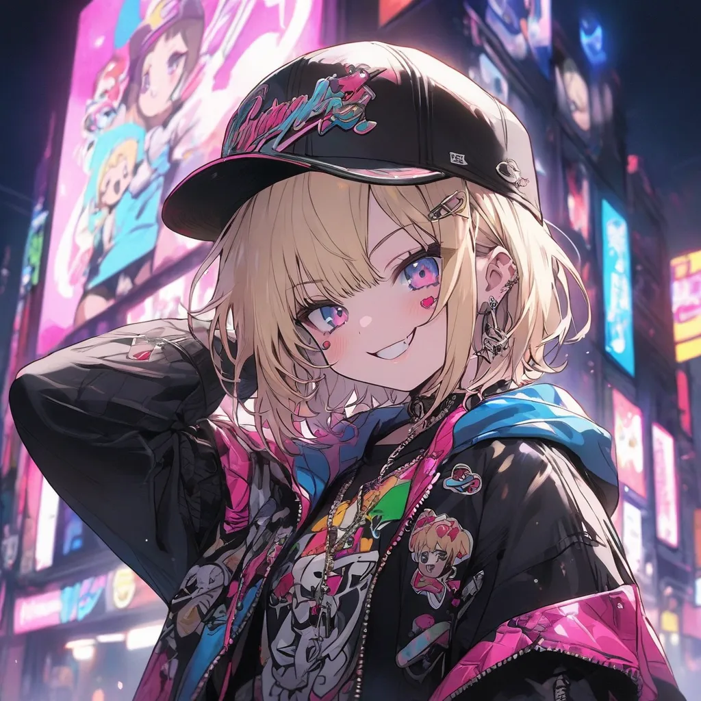 anime girl wearing a hat,  white hair, Neon pink and blue street background , scar,  stickers , smirking icon standing on the podium、 rapper、short bob、blonde hair、