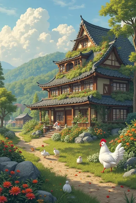 Un paysage avec au fond une ferme autonome style maison japonaise , sur le premier plan un étalage de vente d'oeuf et de plantes médicinales style médiévale apothicaire , et se promènent livre des poules sans coq , et un loup blanc gardien 