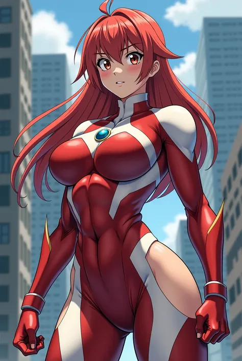 My Hero Academia Style , Anime girl, female, young female,muscular female,Full Body Shot,(fighting Pose:2),Long hair, Red Hair,  Brown Eyes,Hero Suit, Full Body Suit, red suit with white details,small round blue jewel in the center of the chest, perfect an...