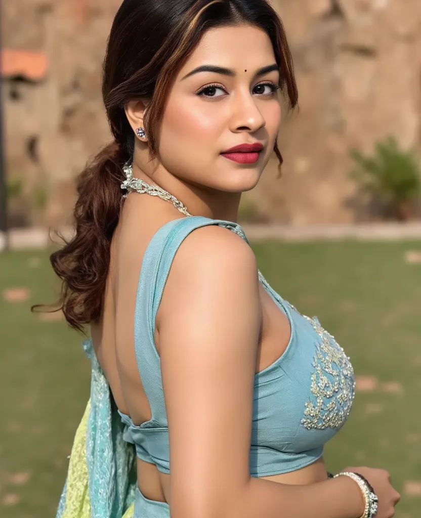 from bottom view, long shot photo of sexy indian, look at viewer and subtle smile, curvy athletic figure, open arms, sexy armpits, sweating, seductive pose, ponytail, white see through lace bra, blue and green  saree with low necked blouse, glossy lips, (c...