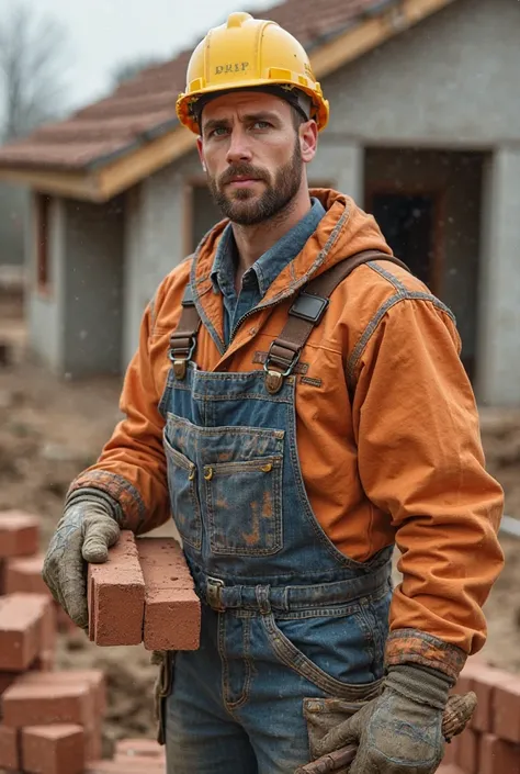 A picture with my face wearing a worksuit holding bricks and trowel building a house