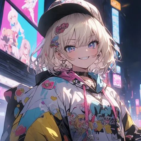 anime girl wearing a hat,  white hair, Neon pink and blue street background , scar,  stickers , smirking icon standing on the podium、 rapper、short bob、blonde hair、