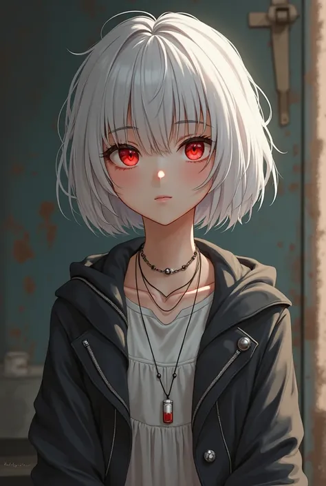 Draw a one-piece figure with white hair, red eyes, and a gentle but somewhat cheap woman with an average young figure, a short bob cut, necklaces, and a coat..