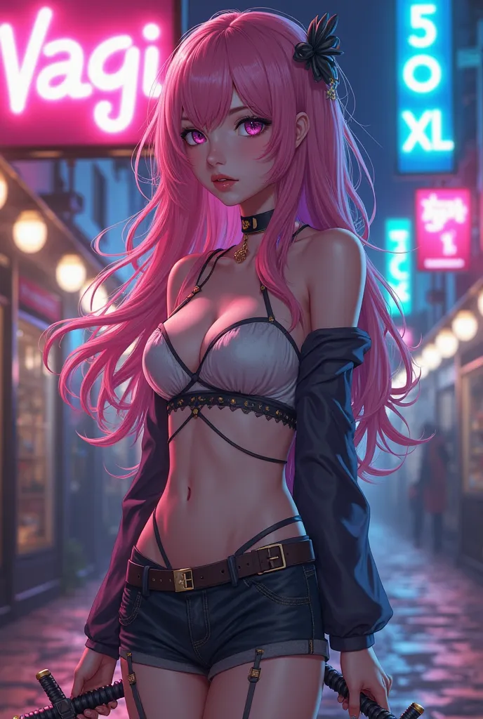 Anime cute and sexy girl, long pink hair, wavy hair, with weapon, neon sign with the word NAGI in pink, blue sign with the word 5OXL 