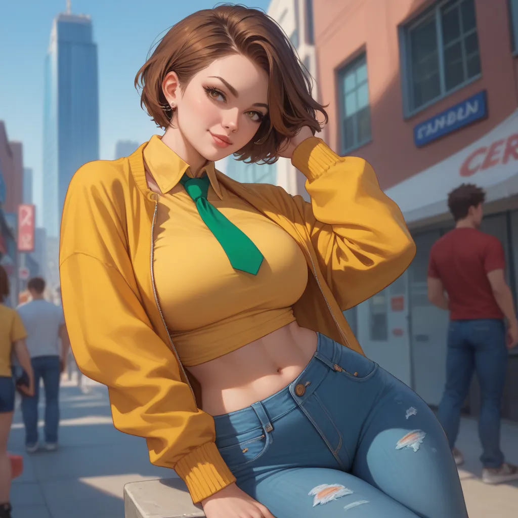 pretty and sexy Japanese with short brown hair, wearing a green tie and a yellow shirt, I'm wearing a red long jeans jacket over a yellow shirt, 16k maximum quality, top quality, top quality, best quality and detail,extreme perfection, Hyper-realistic perf...