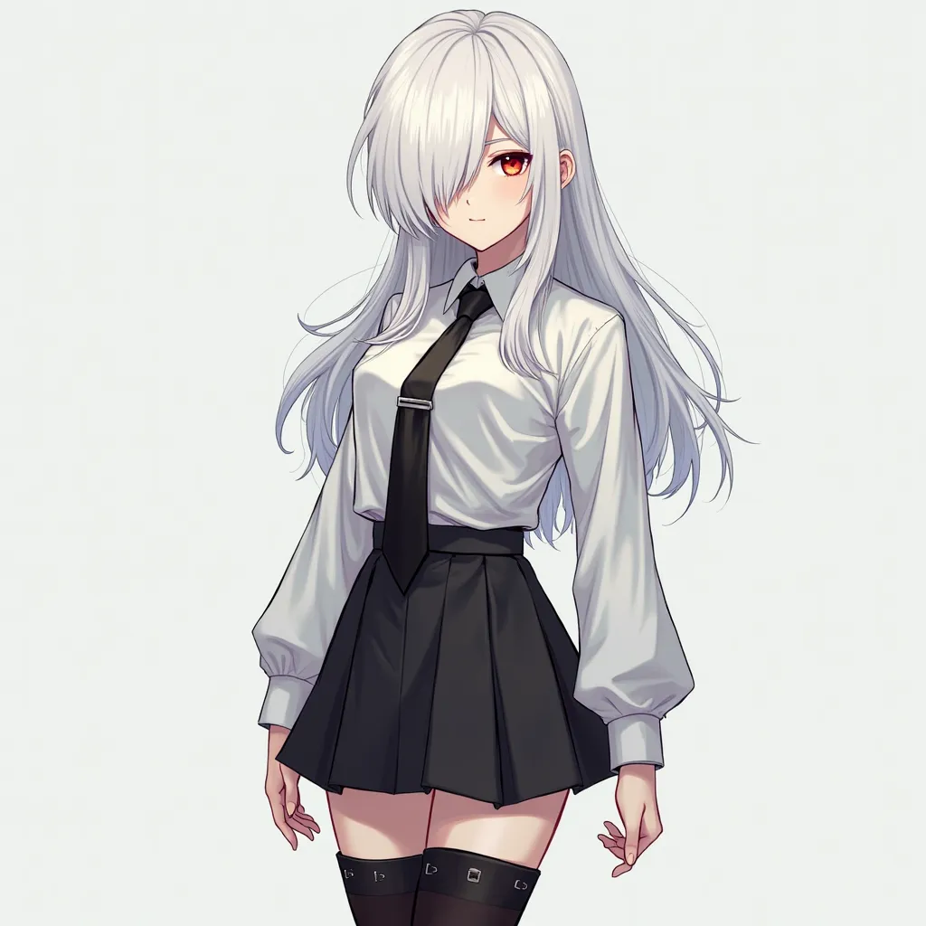 A young tall woman with long white hair, her left eye is red and her right eye is gray. Her hair is covering her right eye. She has athletic build. She is wearing a white long sleeve shirt with black tie, she is wearing black skirt, black thigh high socks ...