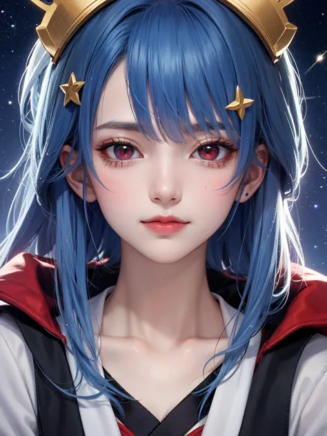 masterpiece，Best Quality，8k，detailed skin texture， detailed cloth texture，beautifully detailed face，complicated details，super detailed，Rei Ayanamiの肖像，Blue Hair， red eyes， black headgear on the head,Pixieカット，Shining Skin Hair Ornaments, gold hair ornament ,...