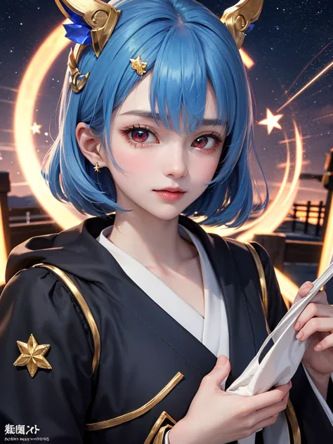 masterpiece，Best Quality，8k，detailed skin texture， detailed cloth texture，beautifully detailed face，complicated details，super detailed，Rei Ayanamiの肖像，Blue Hair， red eyes， black headgear on the head,Pixieカット，Shining Skin Hair Ornaments, gold hair ornament ,...