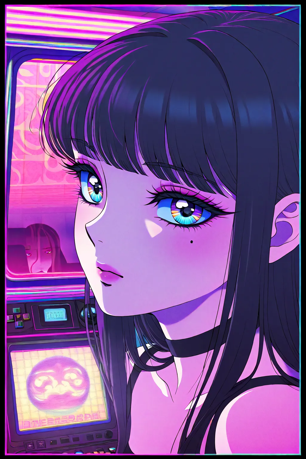 Cool Beauty, Black Hair, slim body, rest , Harajuku Fashion, Diner,  neon color, Vapor Wave, girls, Hi-Res, arcade game console in a glass box,