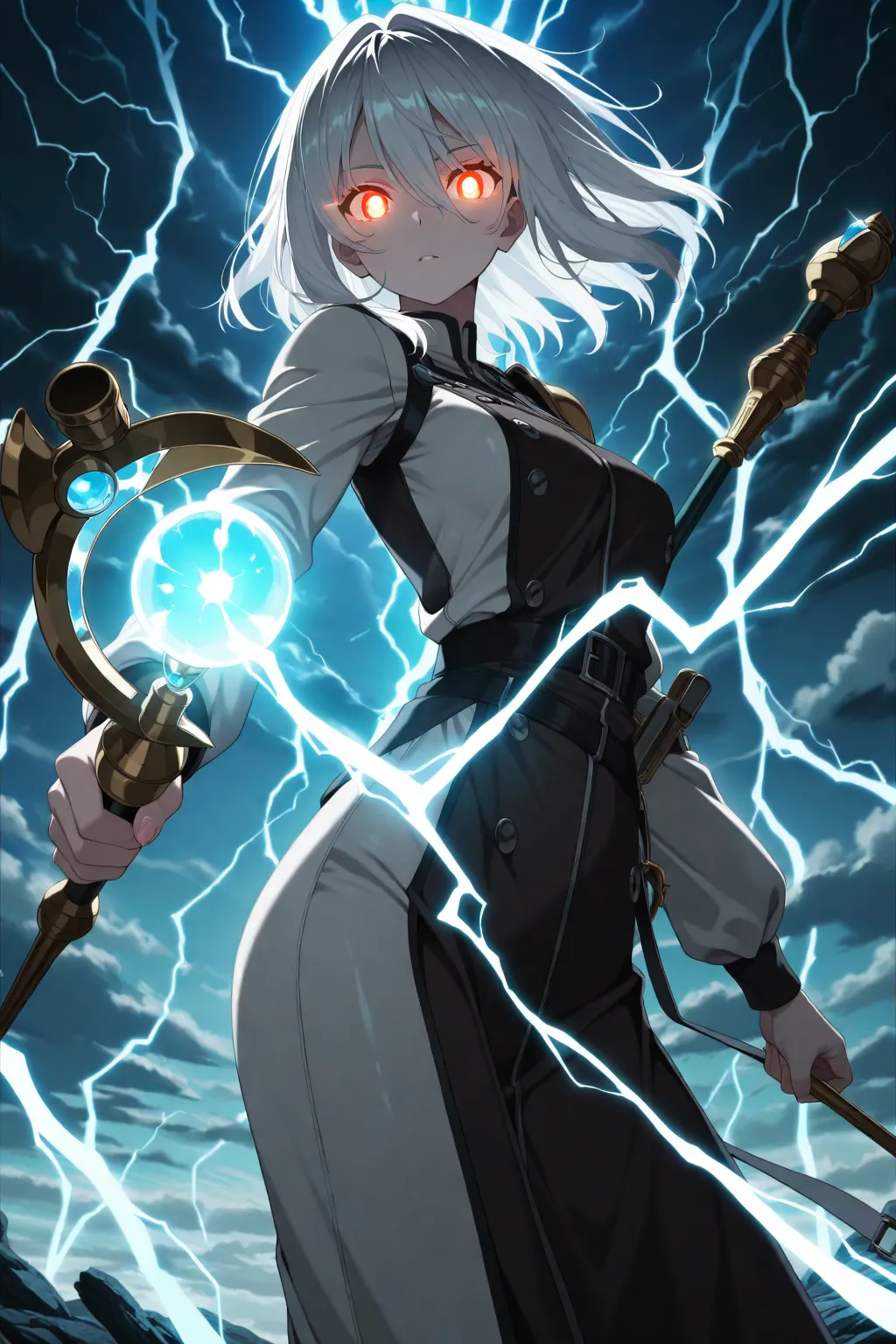 masterpiece,best quality, amazing quality, very aesthetic,anime screencap,newest,1girl,solo,white hairs,glowing eyes,holind weapons,holding magicstaff ,(floating),lightning ,looking at viewer ,ruin