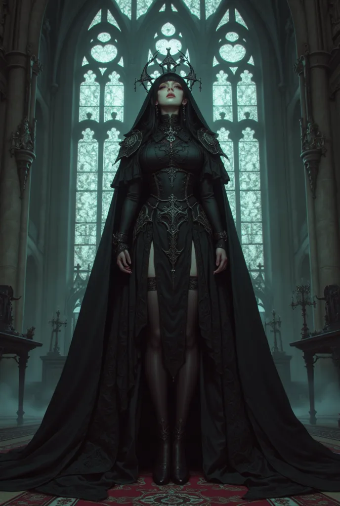 (Masterpiece - Ultra-Detailed, High Resolution) Prepare to be enchanted by a true masterpiece that combines ultra-detailed art with high-resolution rendering. The picture shows priestess praying in a Victorian cathedral at night.  Beautiful European women,...