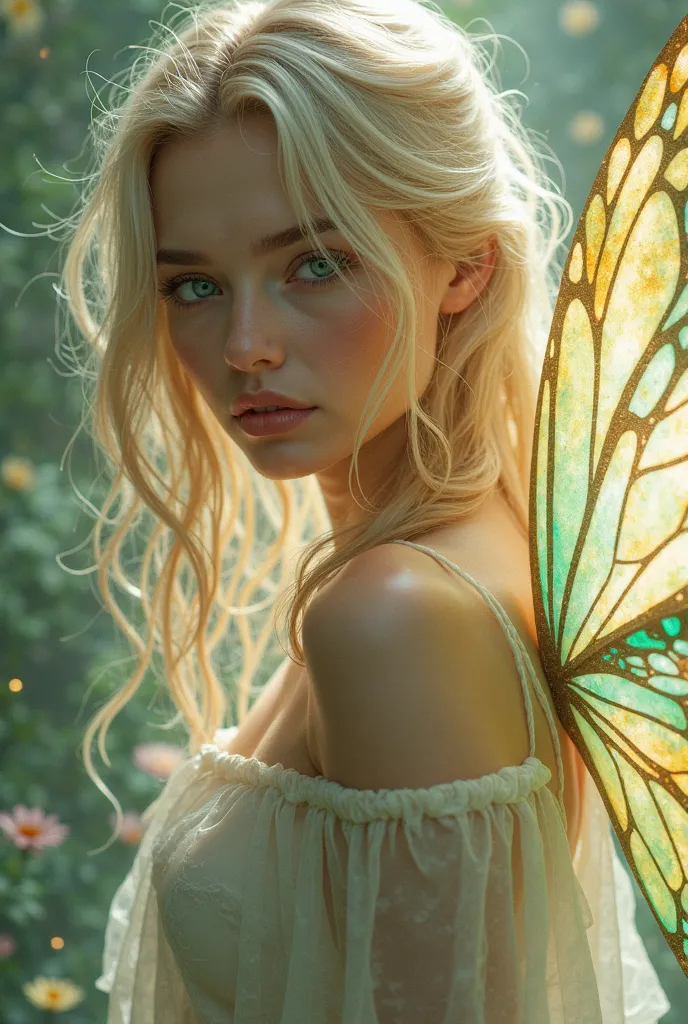 A very beautiful woman with blond hair with green eyes with blue butterfly wings