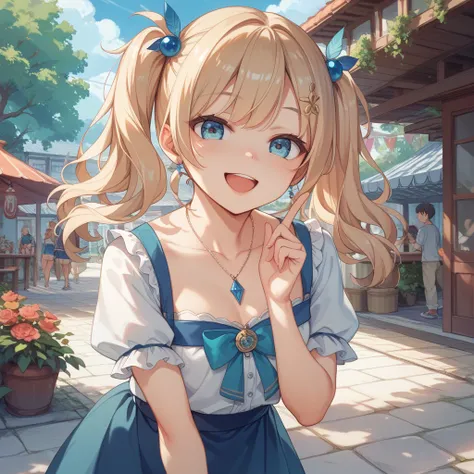 beautiful hair、small hair ornament、twin tails、long hair、 eye larger、Keep the outer corner of your eye high 、lashes slightly longer、Small nose、Open your mouth slightly、smile、18 years old、Lean forward、Short sleeve、Chest Exposure、 pendant