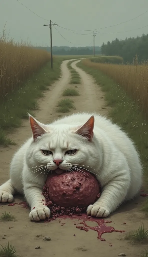 a white cat is lying on a country road and the cat's stomach is rotting and the stomach is very large and swollen And the cat's belly is so big and swollen that it looks so real