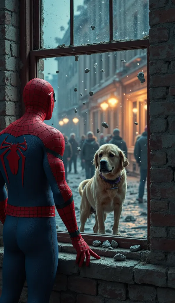 Spiderman is watch from the window that the s are throwing stones on a poor dog who is injured 