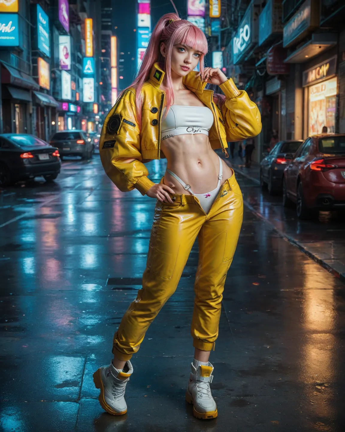 1 girl, , street,  Cyberpunk city, Bright yellow short jacket, yellow top , Yellow pants , White ankle boots, you can see a tummy ,  you can see the panties , straps, solo, long hair, looks at the viewer,  Reddish, Bangs,  Ponytail , pink hair, thin waist ...