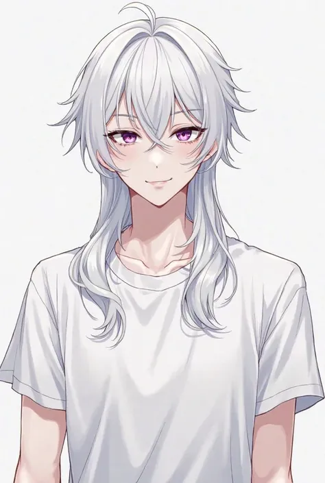 Male+slender yet toned body+manhwa artstyle+attractive+wearing a simple t-shirt+ white skin+ long silver white hair+pretty face+his eyes are doe shaped+purple eyes+ thick and long white eyes lashes+white eyebrows+albino+simple