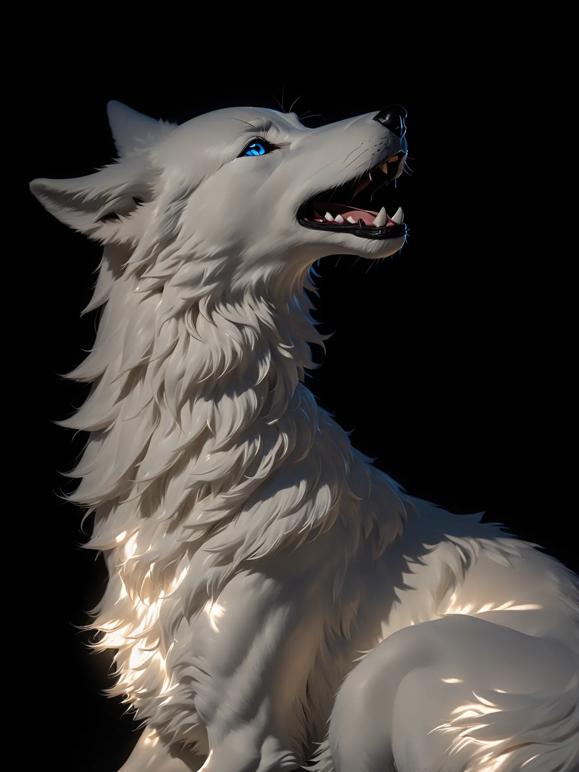 (The best quality, a masterpiece), The wolf, looking into the distance, the shimmer of wool, lighting, plastic pose, high detail, chiaroscuro, (perfect anatomy), (fix the chiaroscuro), blue backlight, rich colors, realistic, professional painting, atmosphe...