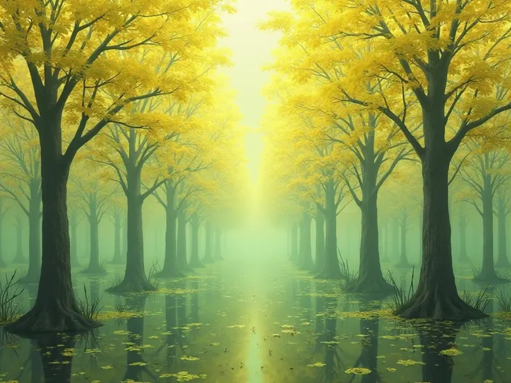 is a wetland landscape that continues endlessly、The sky is dyed yellow-green、The leaves are yellow and the trunk is black々The。Although the water is transparent、the color of the ground is green、Moss is a strange otherworldly place called red。There are also ...