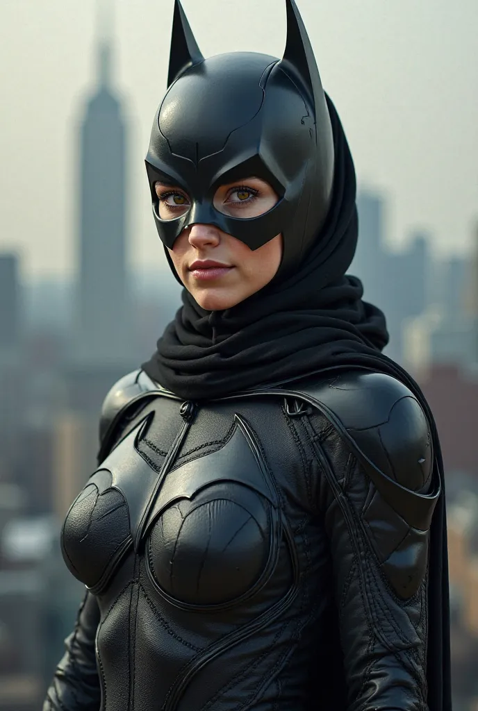 Batwoman a hijaby woman heroine with brown eyes(her weight should be 67 kg)
