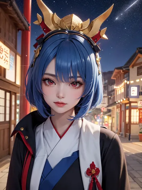 masterpiece，Best Quality，8k，detailed skin texture， detailed cloth texture，beautifully detailed face，complicated details，super detailed，Rei Ayanamiの肖像，Blue Hair， red eyes， black headgear on the head,Pixieカット，Shining Skin Hair Ornaments, gold hair ornament ,...