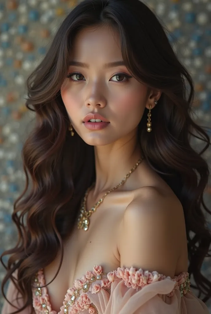 An award-winning masterpiece portrait of a seductive Asian princess with long, curly hair. Medium shot portrait of a beautiful model in Giorgio Armani outfit, fashion shot, editorial stay in stunning pose in th beach