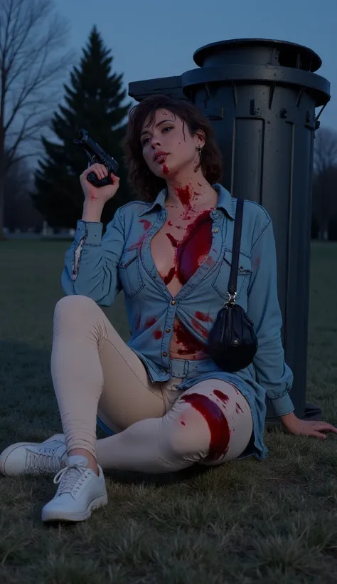 bloodied and mortally wounded female assassin  sits weakly on the grass in a park leaning against a dustbin. She has multiple gunshot wounds in her chest , belly and flank and she is bleeding profusely from her wounds. Deep red crimson blood splatters and ...