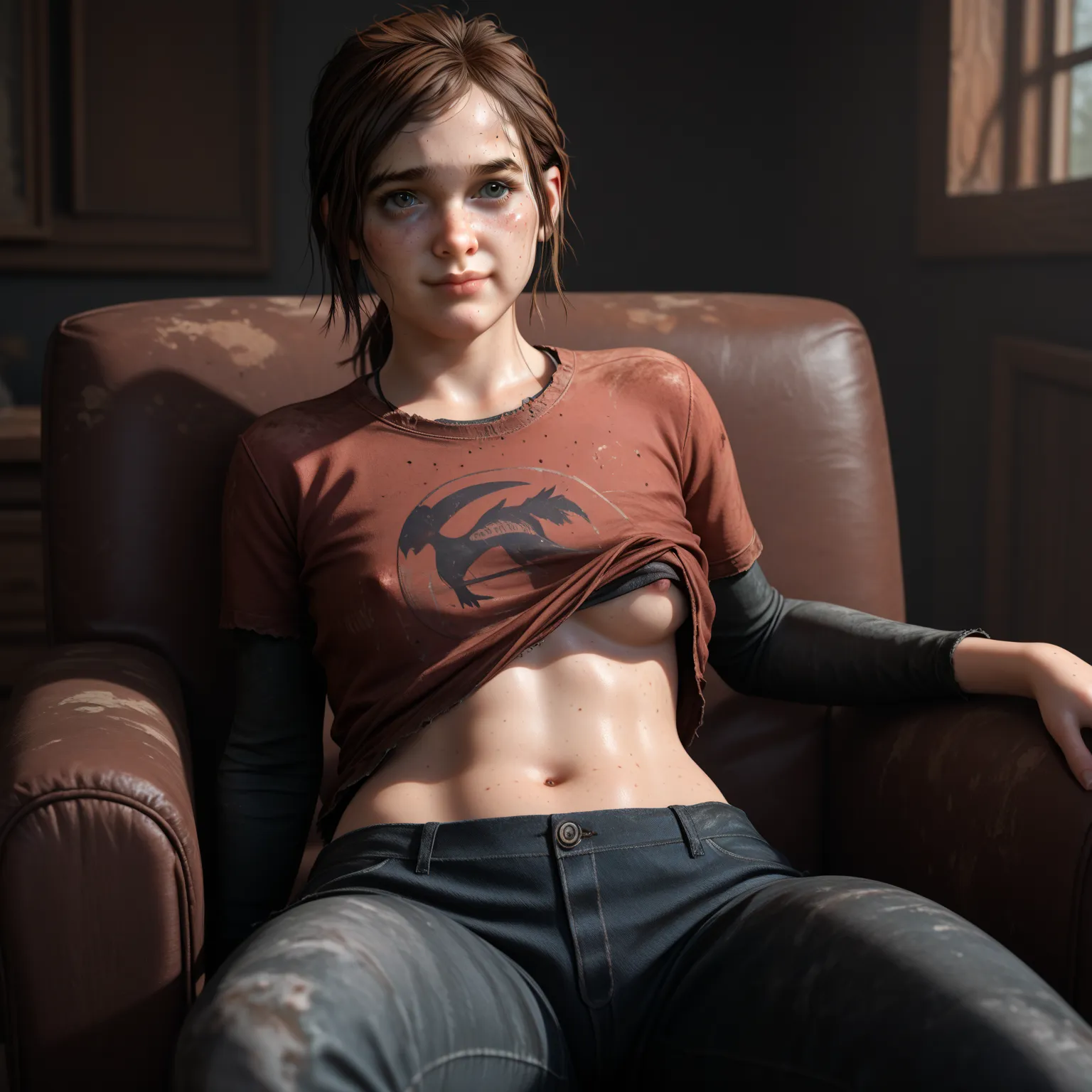  ultra realistic , Dark environment, Ellie Williams , The  girl from  *the Last of Us*,  she appears seated in a light fabric armchair with a woven texture , in a nighttime environment or with low lighting ,  predominating bluish and dark tones . His relax...