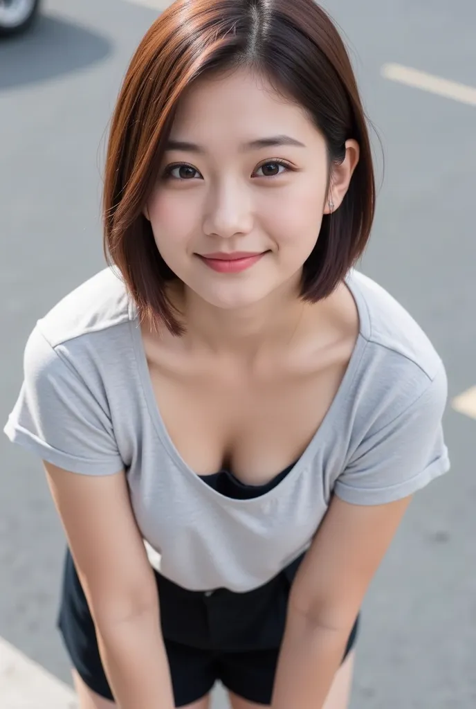 ((best quality, 8k,  portraits)), Photographic realism,  sharp concentration, alone,  very beautiful、 denim miniskirt、Pinch the collar of a loose t-shirt、 sexy bras on a street corner in Tokyo:1.5、smiling at the viewer、  short hair、  grey background、lean f...