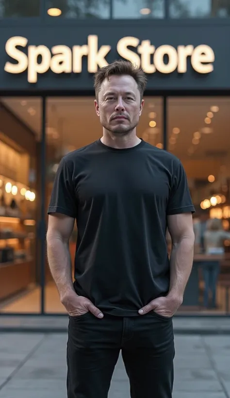 Generate me an image in which Elon musk can wear a black trouser and T shirt and standing at a store on this store wall spark Store is written 