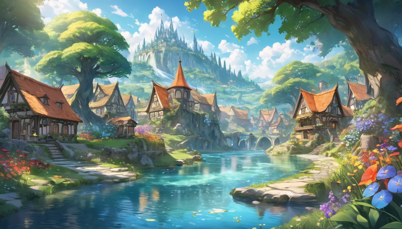 Detailed Fantasy Village,Ancient Europe, oil,  Animated Natural Scenery , 4K Anime Art, is not human, Four Seasons Discount々Flower Closeup,  surreal vibe,  Dreamy Setting , Delicate River,  Ether Lighting ,  Mysterious Forest