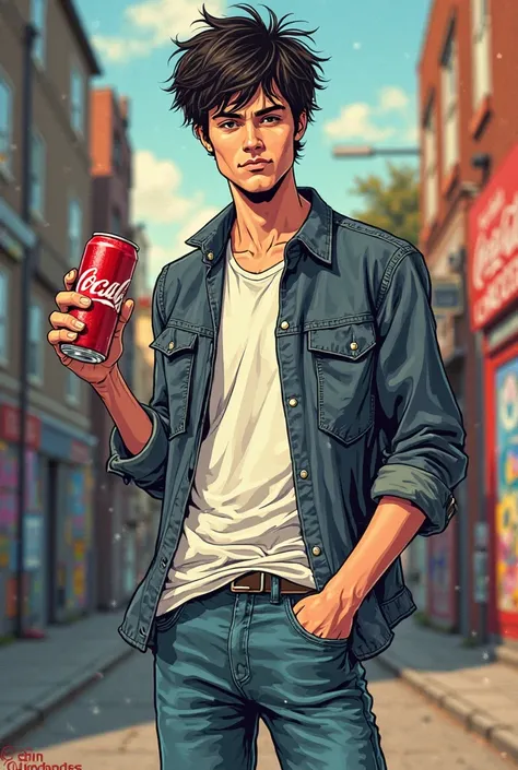 I would like a comic style drawing by Sid Jenkins (series Skins) carrying a Coca-Cola 