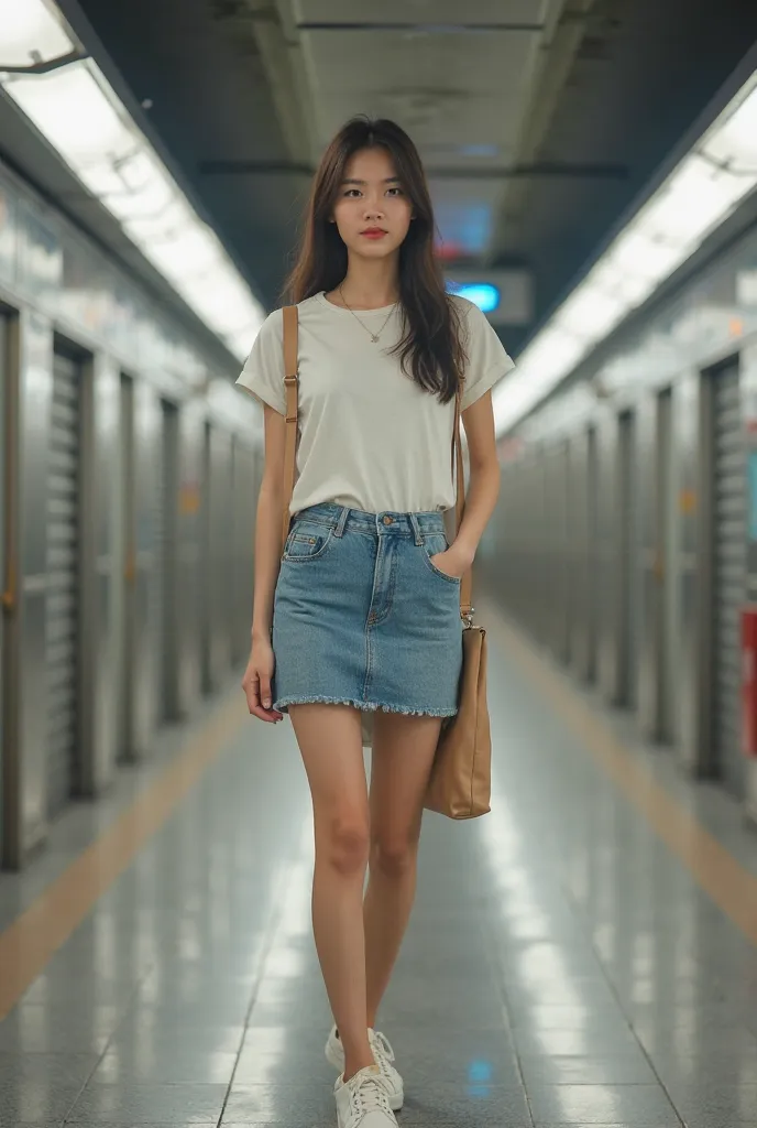  Taiwan Young Beauty ，Slim Fit Round Neck Casual Top，Denim Skirt，sneakers，Just got off work，Taipei MRT Subway Station，Realistic photos