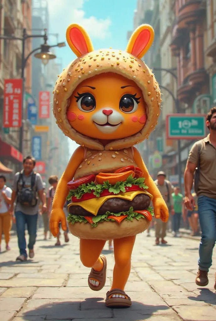 A   is wearing a burger-like outfit and is walking down the street